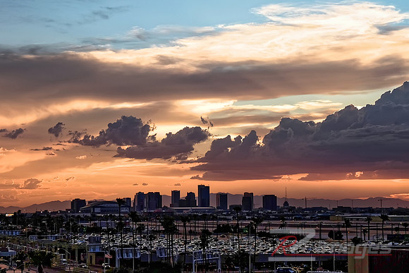 Phoenix Skyline form Harbor International Airport at Sunset.
